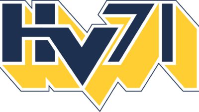 HV71:s logga där det står HV71 med stora bokstäver som är gula och blå.