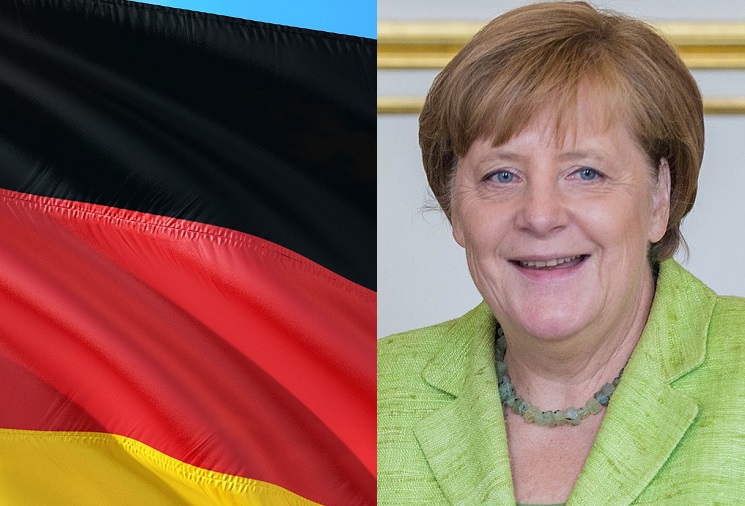 Till vänster syns Tysklands flagga. Till höger syns Angela Merkel. Hon är ganska gammal och har kort brunt hår och grön kavaj.