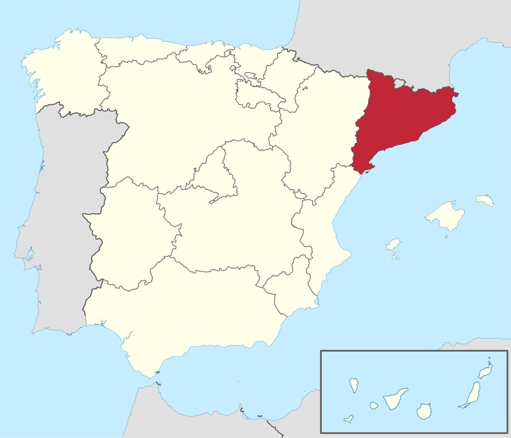 En karta över Spanien där Katalonien är rödmarkerat.