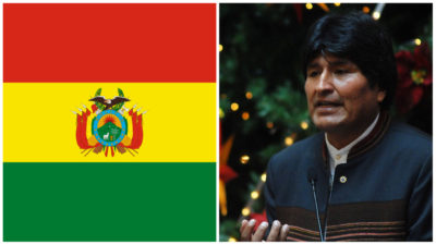 Bolivias flagga och Bolivias förre president.